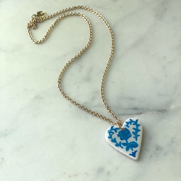 Handmade Hand painted Polymer Clay Heart Pendant Necklace - Picture 2 of 4